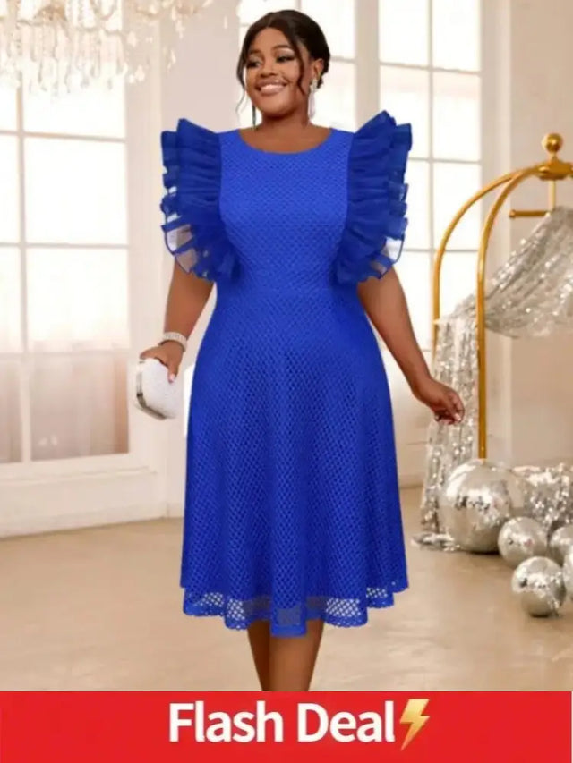 AOMEIDRESS Blue Mesh Party Dress O Neck Ruffles Fish Net A Line Blue / S