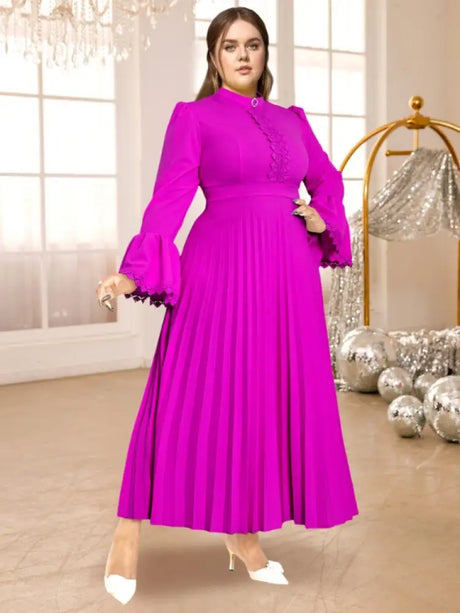 AOMEIDRESS Blue Pleated Maxi Dress Stand Collar Long Flare Sleeves Rose / S