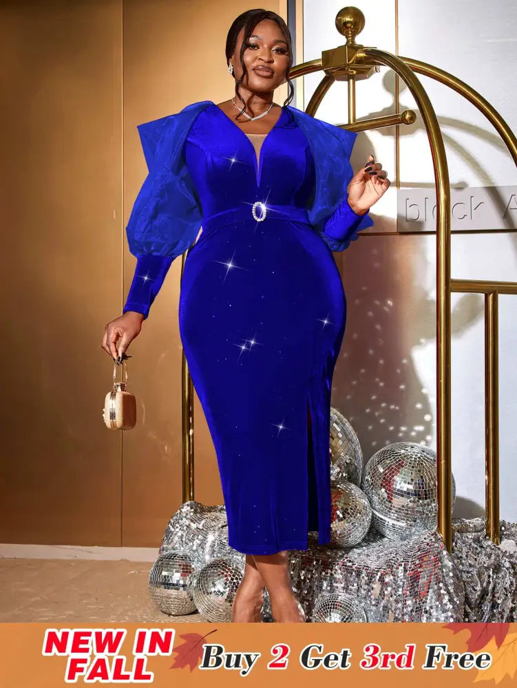 V-Neck，Blue Dress