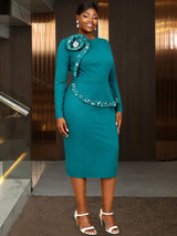 AOMEIDRESS Bodycon Beading Dress Long Sleeve 3D Flower Peplum Gowns