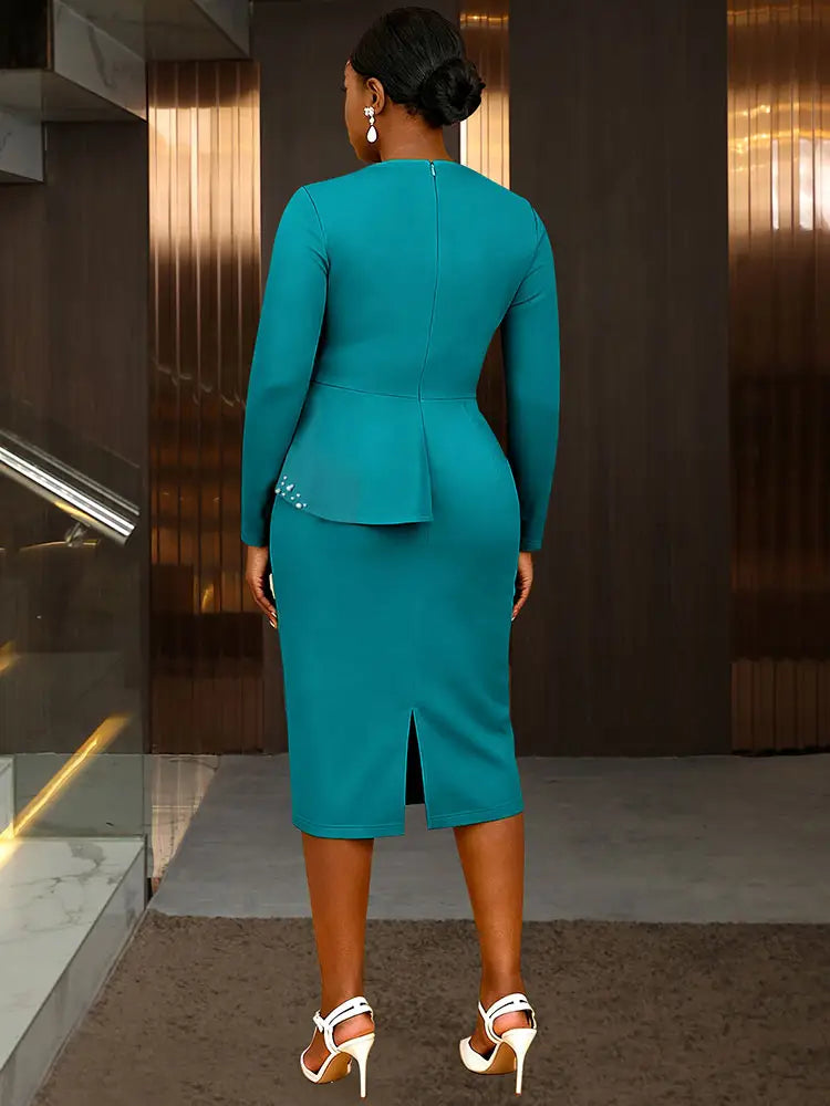 AOMEIDRESS Bodycon Beading Dress Long Sleeve 3D Flower Peplum Gowns