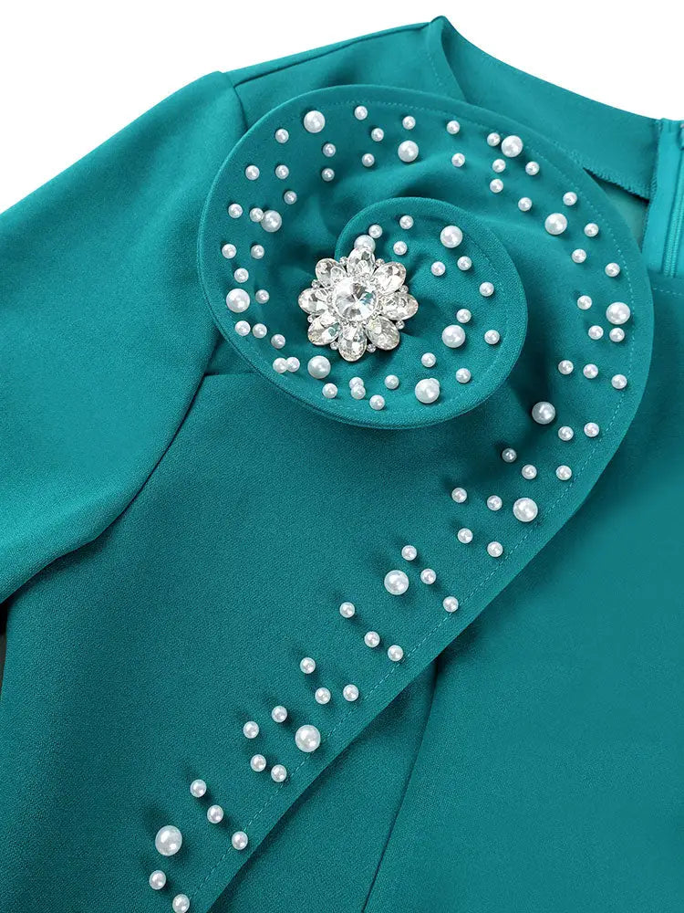 AOMEIDRESS Bodycon Beading Dress Long Sleeve 3D Flower Peplum Gowns