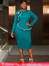 AOMEIDRESS Bodycon Beading Dress Long Sleeve 3D Flower Peplum Gowns LakeGreen / S