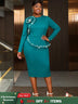 AOMEIDRESS Bodycon Beading Dress Long Sleeve 3D Flower Peplum Gowns LakeGreen / S