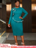 AOMEIDRESS Bodycon Beading Dress Long Sleeve 3D Flower Peplum Gowns LakeGreen / S