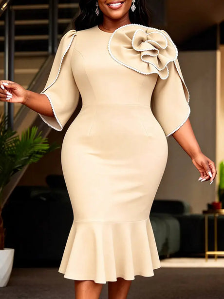 AOMEIDRESS Bodycon Colorblock Mermaid Dress with 3D Flower for Party - Apricot / S