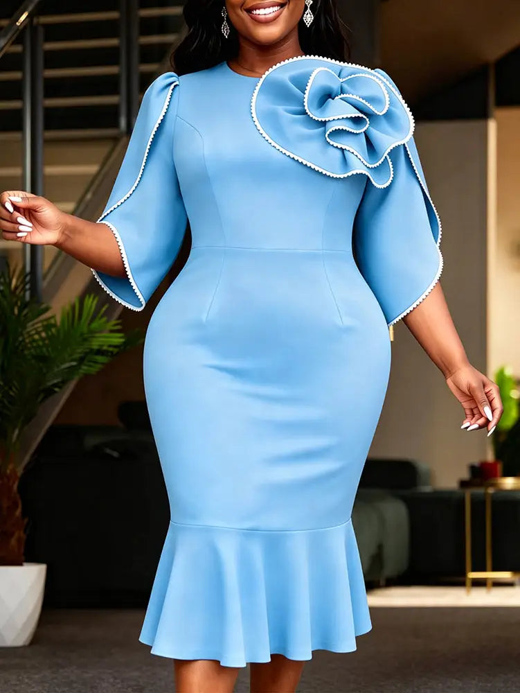 AOMEIDRESS Bodycon Colorblock Mermaid Dress with 3D Flower for Party - Light Blue / S