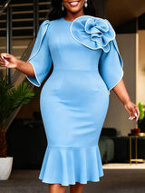 AOMEIDRESS Bodycon Colorblock Mermaid Dress with 3D Flower for Party - Light Blue / S