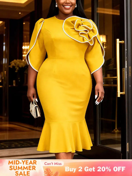 AOMEIDRESS Bodycon Colorblock Mermaid Dress with 3D Flower for Party - Yellow / S