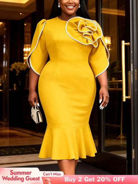 AOMEIDRESS Bodycon Colorblock Mermaid Dress with 3D Flower for Party - Yellow / S