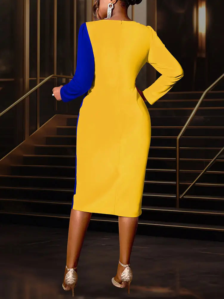 AOMEIDRESS Bodycon Colorblock Party Dress With 3D Flower Long Sleeve