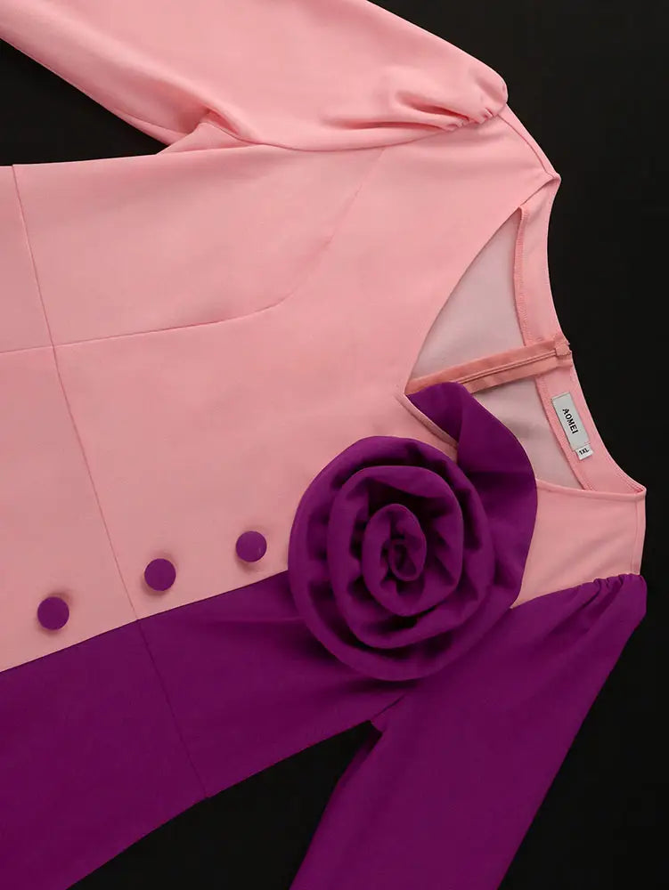 AOMEIDRESS Bodycon Colorblock Party Dress With 3D Flower Long Sleeve