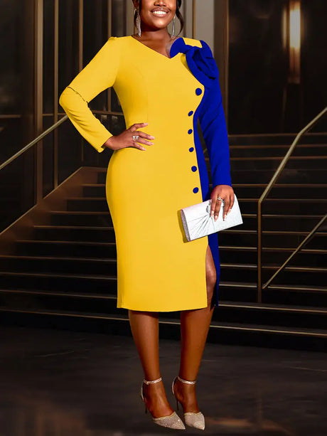 AOMEIDRESS Bodycon Colorblock Party Dress With 3D Flower Long Sleeve