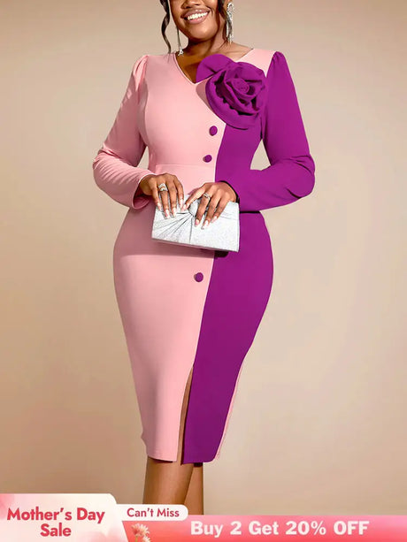 AOMEIDRESS Bodycon Colorblock Party Dress With 3D Flower Long Sleeve Pink / S