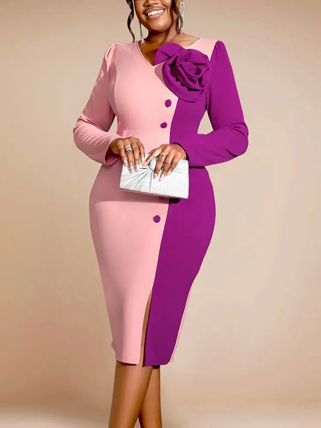 AOMEIDRESS Bodycon Colorblock Party Dress With 3D Flower Long Sleeve Pink / S