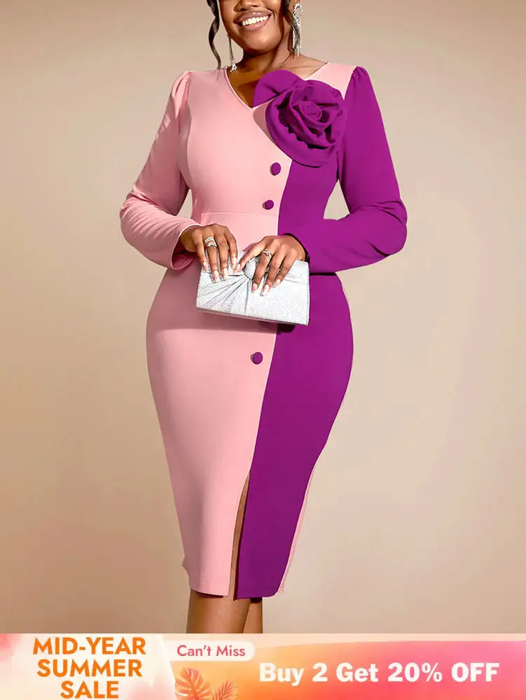AOMEIDRESS Bodycon Colorblock Party Dress With 3D Flower Long Sleeve Pink / S