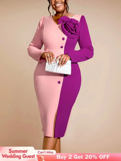 AOMEIDRESS Bodycon Colorblock Party Dress With 3D Flower Long Sleeve Pink / S
