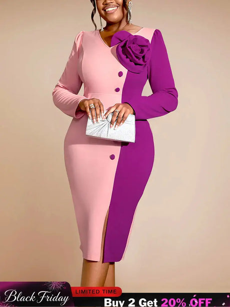 AOMEIDRESS Bodycon Colorblock Party Dress With 3D Flower Long Sleeve Pink / S