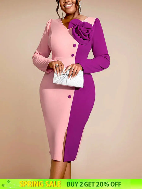 AOMEIDRESS Bodycon Colorblock Party Dress With 3D Flower Long Sleeve Pink / S