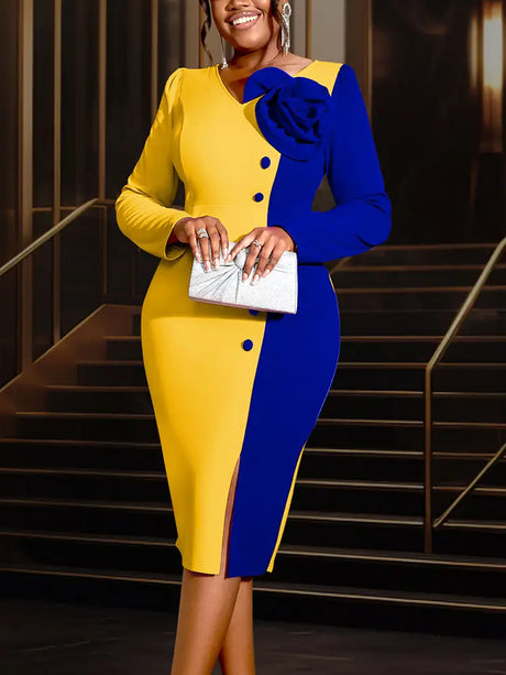 AOMEIDRESS Bodycon Colorblock Party Dress With 3D Flower Long Sleeve Yellow / S