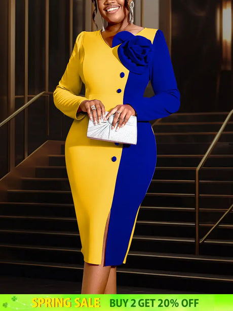 AOMEIDRESS Bodycon Colorblock Party Dress With 3D Flower Long Sleeve Yellow / S