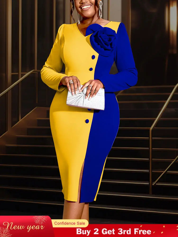 AOMEIDRESS Bodycon Colorblock Party Dress With 3D Flower Long Sleeve Yellow / S