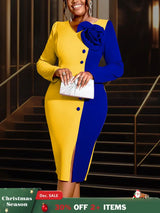 AOMEIDRESS Bodycon Colorblock Party Dress With 3D Flower Long Sleeve Yellow / S