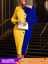 AOMEIDRESS Bodycon Colorblock Party Dress With 3D Flower Long Sleeve Yellow / S