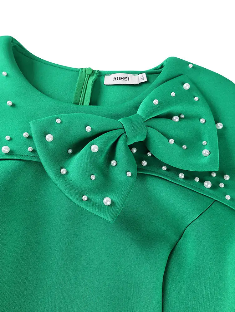 AOMEIDRESS Bodycon Dress Beading O Neck Cape Sleeves 3D Bow Ruffles