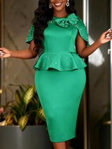 AOMEIDRESS Bodycon Dress Beading O Neck Cape Sleeves 3D Bow Ruffles
