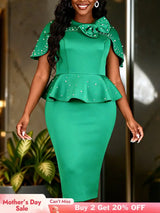 AOMEIDRESS Bodycon Dress Beading O Neck Cape Sleeves 3D Bow Ruffles - Green / S