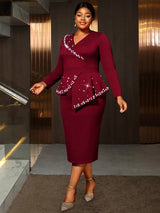 AOMEIDRESS Bodycon Dress Beading Turn Down Collar Long Sleeves Party