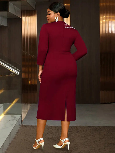 AOMEIDRESS Bodycon Dress Beading Turn Down Collar Long Sleeves Party