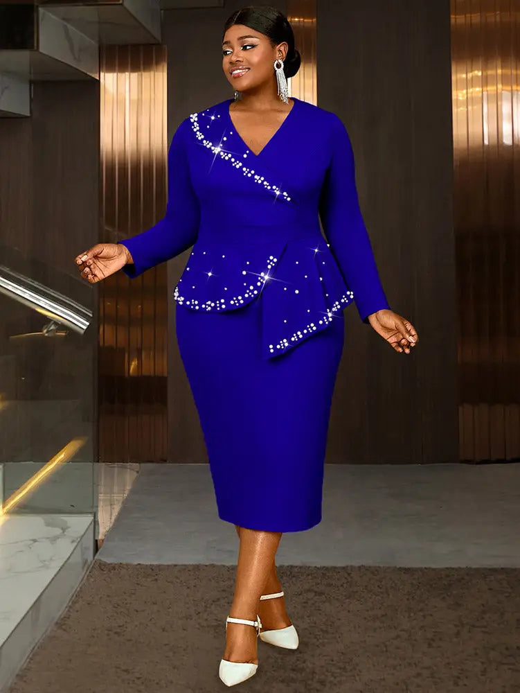 AOMEIDRESS Bodycon Dress Beading Turn Down Collar Long Sleeves Party - Blue / S