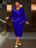 AOMEIDRESS Bodycon Dress Beading Turn Down Collar Long Sleeves Party - Blue / S