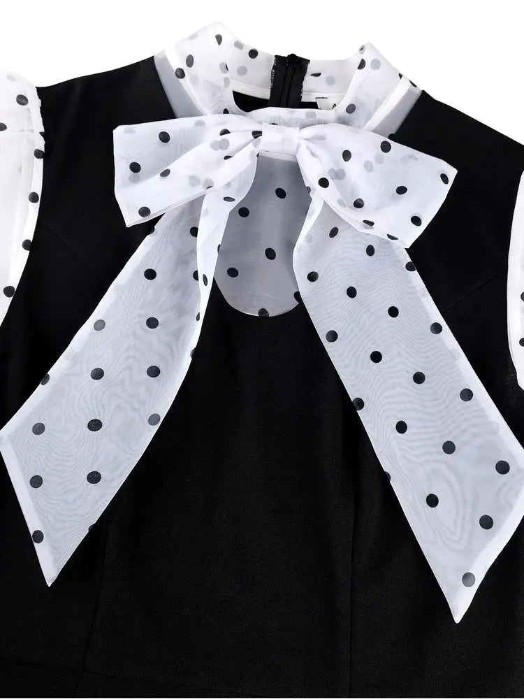 AOMEIDRESS Bodycon Dress Bow Tie Neck Patchwork Sheer Mesh Polka Dot