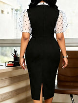AOMEIDRESS Bodycon Dress Bow Tie Neck Patchwork Sheer Mesh Polka Dot