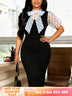 AOMEIDRESS Bodycon Dress Bow Tie Neck Patchwork Sheer Mesh Polka Dot - Black / S