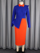AOMEIDRESS Bodycon Dress Contrast Collar Long Sleeve Peplum Office