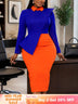AOMEIDRESS Bodycon Dress Contrast Collar Long Sleeve Peplum Office - Blue / S