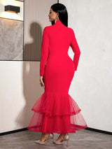 AOMEIDRESS Bodycon Dress High Collar Long Sleeves Mesh Patchwork Hem