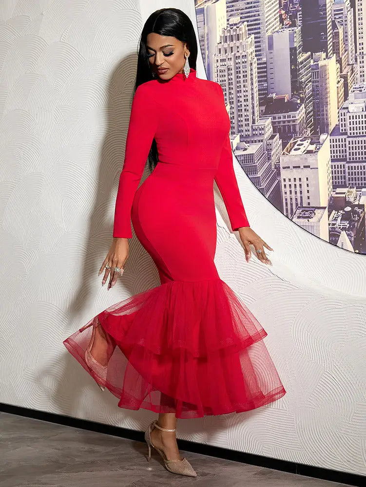 AOMEIDRESS Bodycon Dress High Collar Long Sleeves Mesh Patchwork Hem