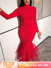 AOMEIDRESS Bodycon Dress High Collar Long Sleeves Mesh Patchwork Hem - Red / S