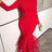AOMEIDRESS Bodycon Dress High Collar Long Sleeves Mesh Patchwork Hem - Red / S
