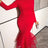 AOMEIDRESS Bodycon Dress High Collar Long Sleeves Mesh Patchwork Hem - Red / S