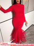 AOMEIDRESS Bodycon Dress High Collar Long Sleeves Mesh Patchwork Hem - Red / S