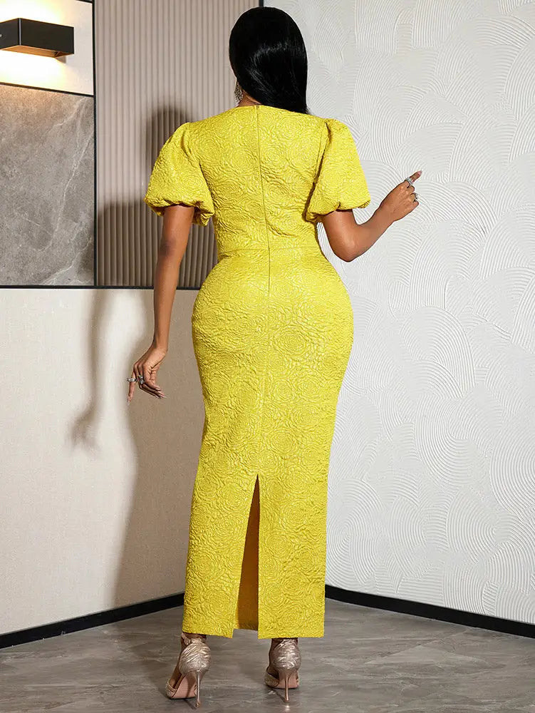 AOMEIDRESS Bodycon Dress Jacquard O Neck Bow Short Puff Sleeves Party