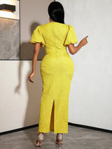 AOMEIDRESS Bodycon Dress Jacquard O Neck Bow Short Puff Sleeves Party