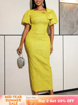 AOMEIDRESS Bodycon Dress Jacquard O Neck Bow Short Puff Sleeves Party