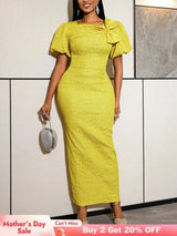 AOMEIDRESS Bodycon Dress Jacquard O Neck Bow Short Puff Sleeves Party
